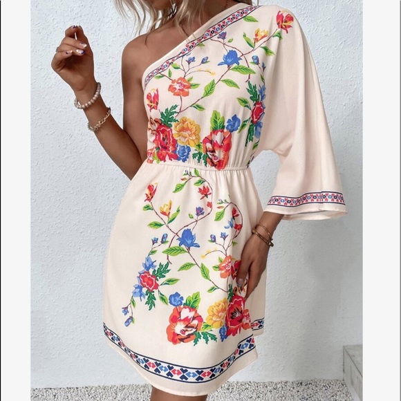 Boho Floral Print One Shoulder Dress - Picture 1 of 7
